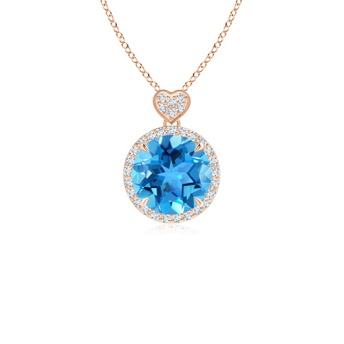 8mm AAA Swiss Blue Topaz Halo Pendant with Diamond Heart Motif in 9K Rose Gold 