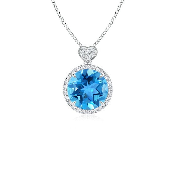 8mm AAA Swiss Blue Topaz Halo Pendant with Diamond Heart Motif in White Gold 