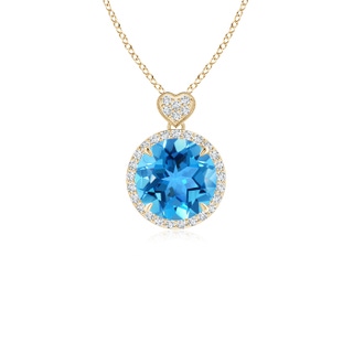 8mm AAA Swiss Blue Topaz Halo Pendant with Diamond Heart Motif in Yellow Gold