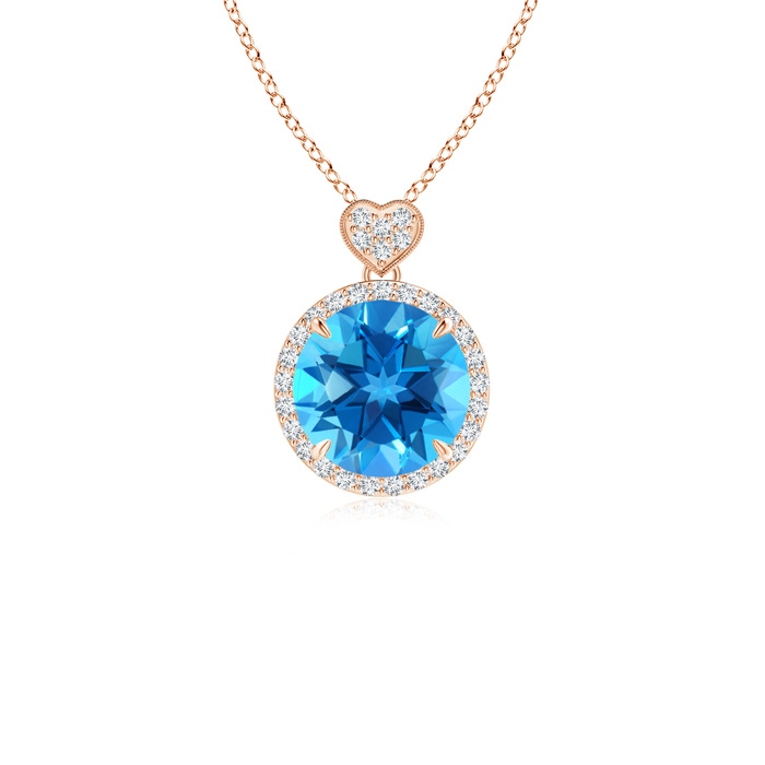 8mm AAAA Swiss Blue Topaz Halo Pendant with Diamond Heart Motif in 9K Rose Gold 