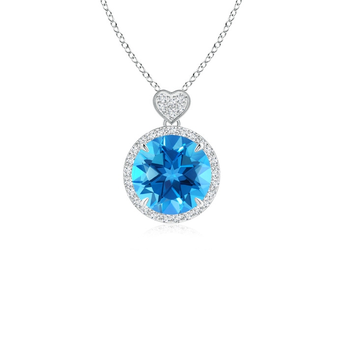 8mm AAAA Swiss Blue Topaz Halo Pendant with Diamond Heart Motif in White Gold