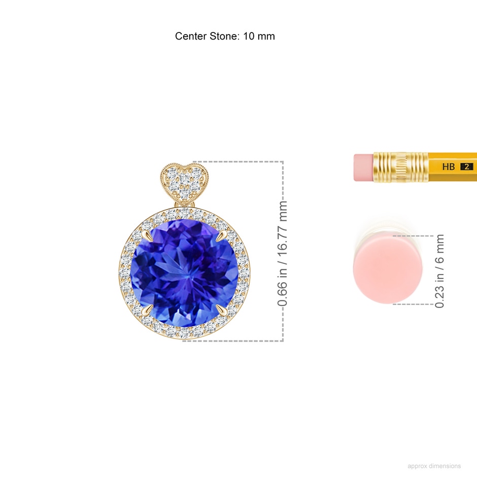 10mm AAA Tanzanite Halo Pendant with Diamond Heart Motif in Yellow Gold ruler