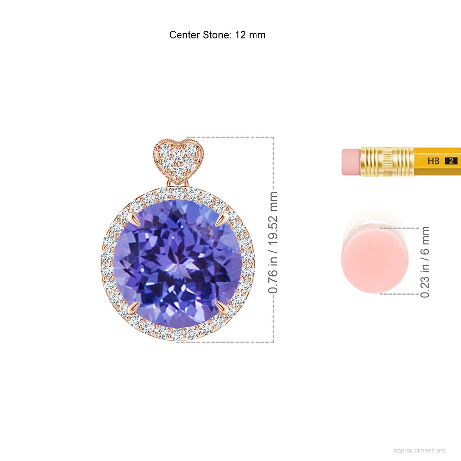 12mm AA Tanzanite Halo Pendant with Diamond Heart Motif in Rose Gold ruler