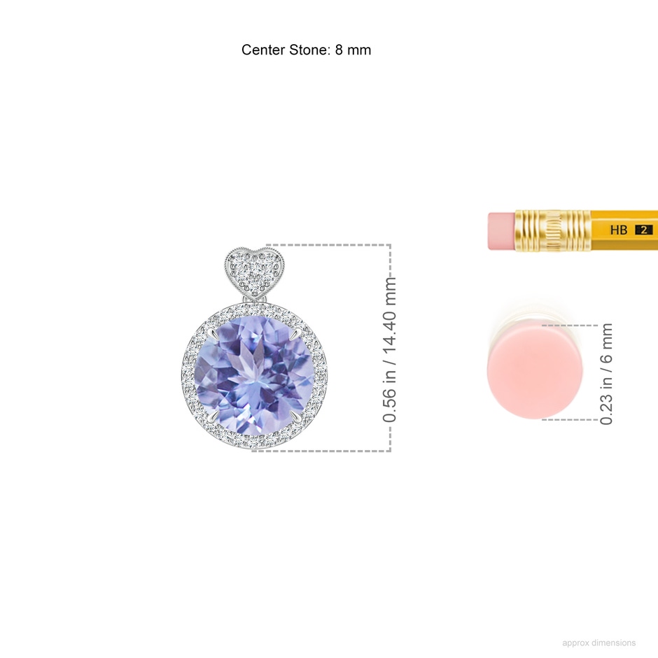 8mm A Tanzanite Halo Pendant with Diamond Heart Motif in White Gold ruler