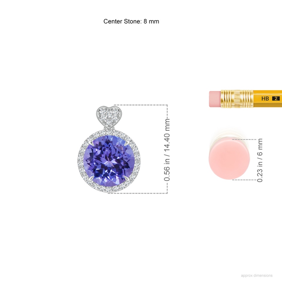 8mm AA Tanzanite Halo Pendant with Diamond Heart Motif in White Gold ruler