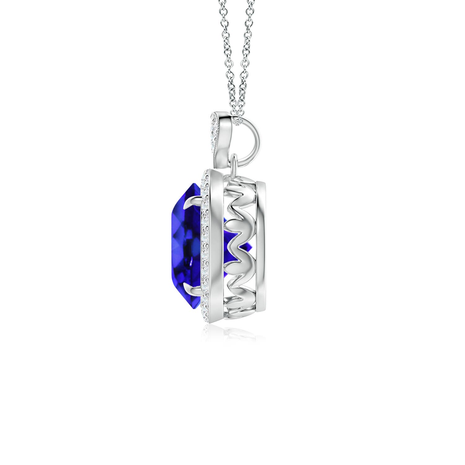 8mm AAA Tanzanite Halo Pendant with Diamond Heart Motif in White Gold - side 2