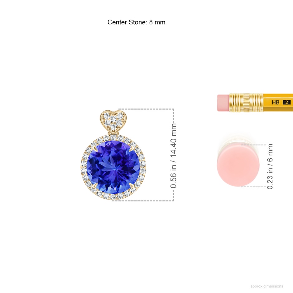 8mm AAA Tanzanite Halo Pendant with Diamond Heart Motif in Yellow Gold ruler