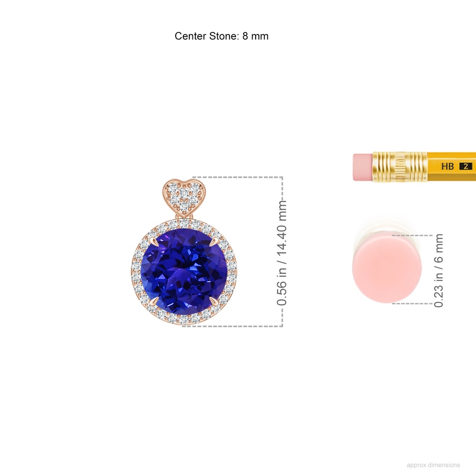 8mm AAAA Tanzanite Halo Pendant with Diamond Heart Motif in Rose Gold ruler