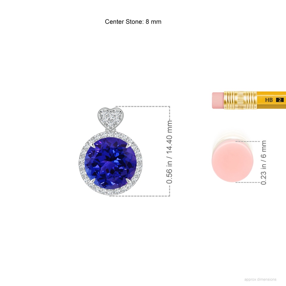 8mm AAAA Tanzanite Halo Pendant with Diamond Heart Motif in White Gold ruler