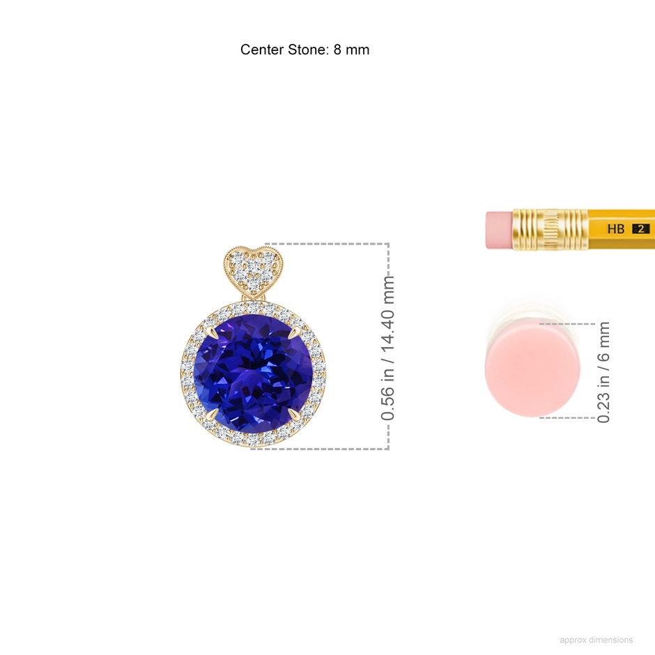 8mm AAAA Tanzanite Halo Pendant with Diamond Heart Motif in Yellow Gold ruler