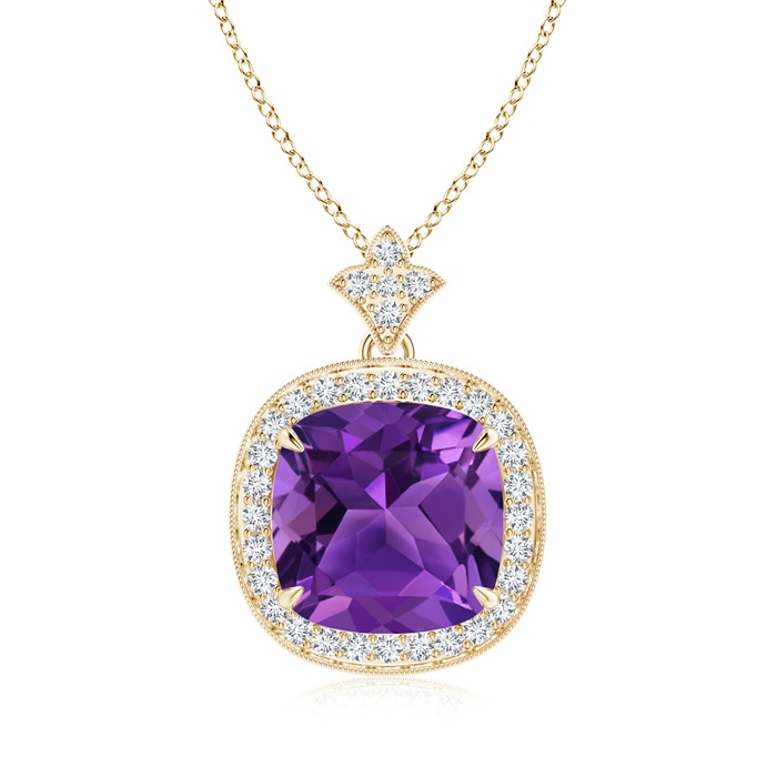10mm AAAA Vintage Inspired Cushion Amethyst Halo Pendant in Yellow Gold 