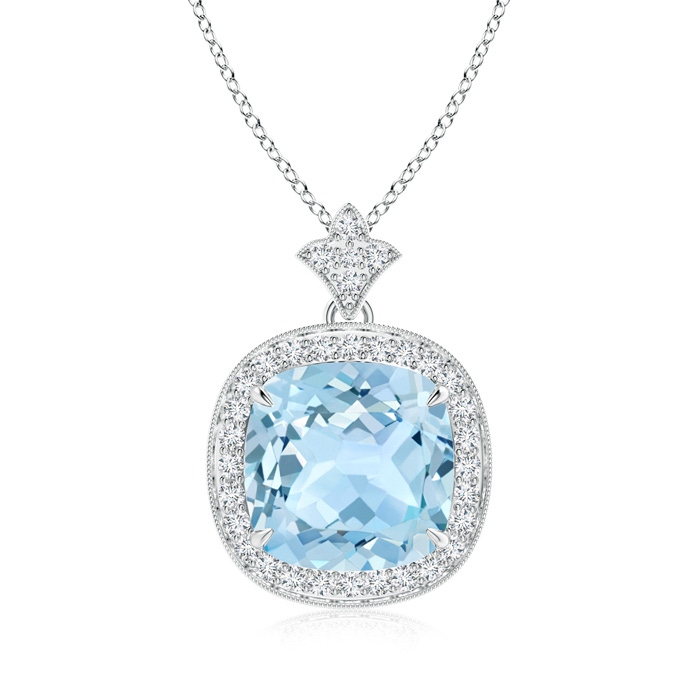 10mm AAA Vintage Inspired Cushion Aquamarine Halo Pendant in White Gold