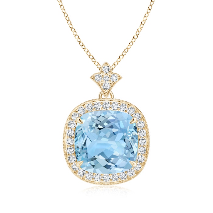 10mm AAAA Vintage Inspired Cushion Aquamarine Halo Pendant in Yellow Gold 