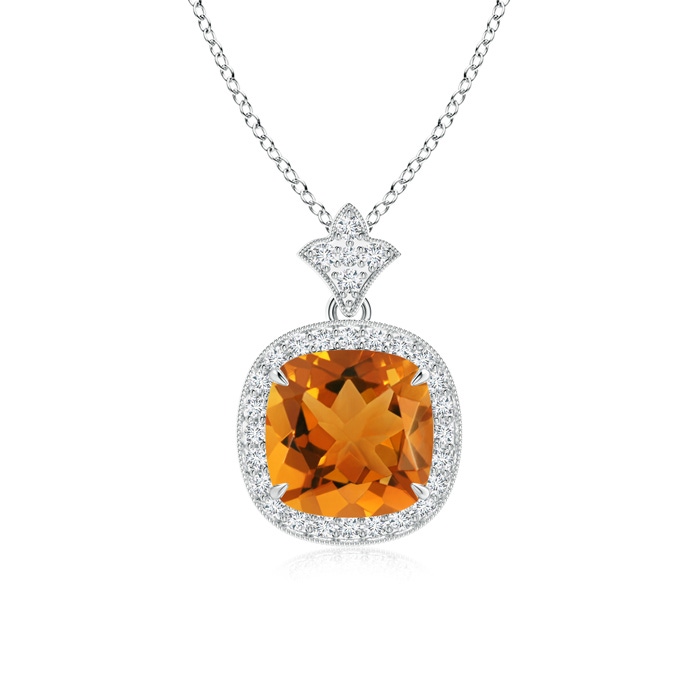 8mm AAA Vintage Inspired Cushion Citrine Halo Pendant in White Gold