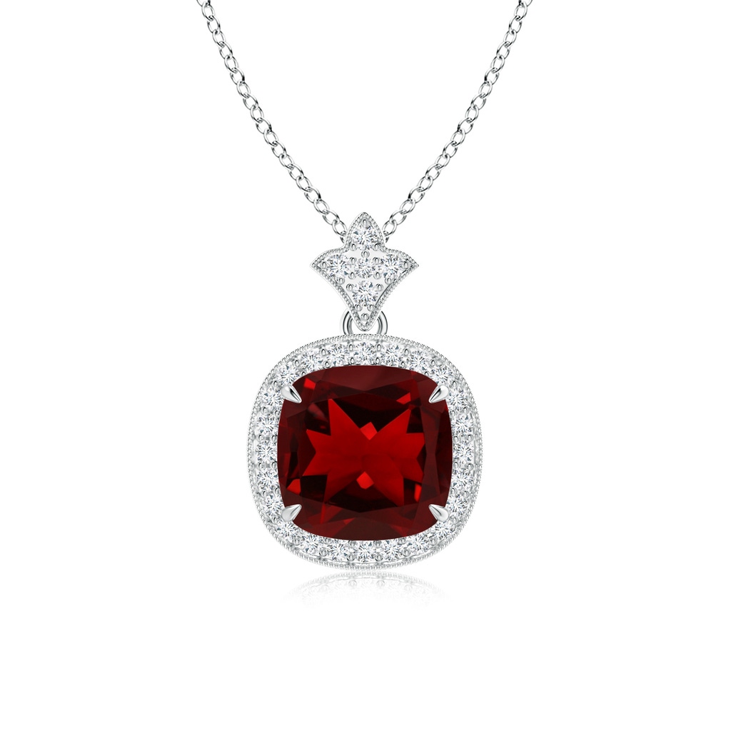 8mm AAAA Vintage Inspired Cushion Garnet Halo Pendant in White Gold