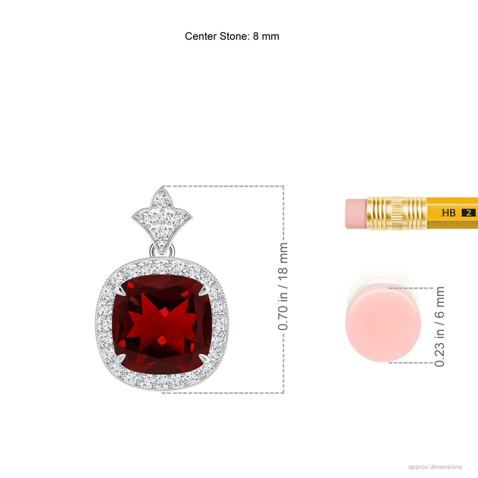 8mm AAAA Vintage Inspired Cushion Garnet Halo Pendant in White Gold ruler