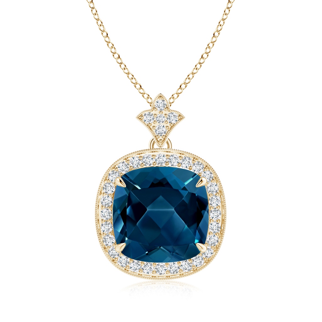10mm AAAA Vintage Inspired Cushion London Blue Topaz Halo Pendant in Yellow Gold