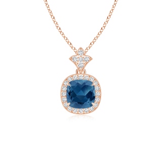 6mm AA Vintage Inspired Cushion London Blue Topaz Halo Pendant in 10K Rose Gold
