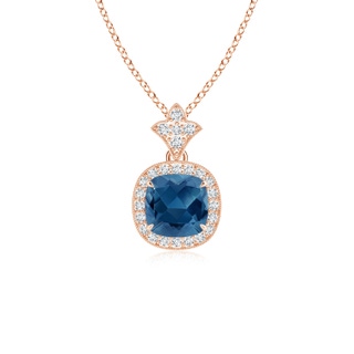 6mm AA Vintage Inspired Cushion London Blue Topaz Halo Pendant in 9K Rose Gold