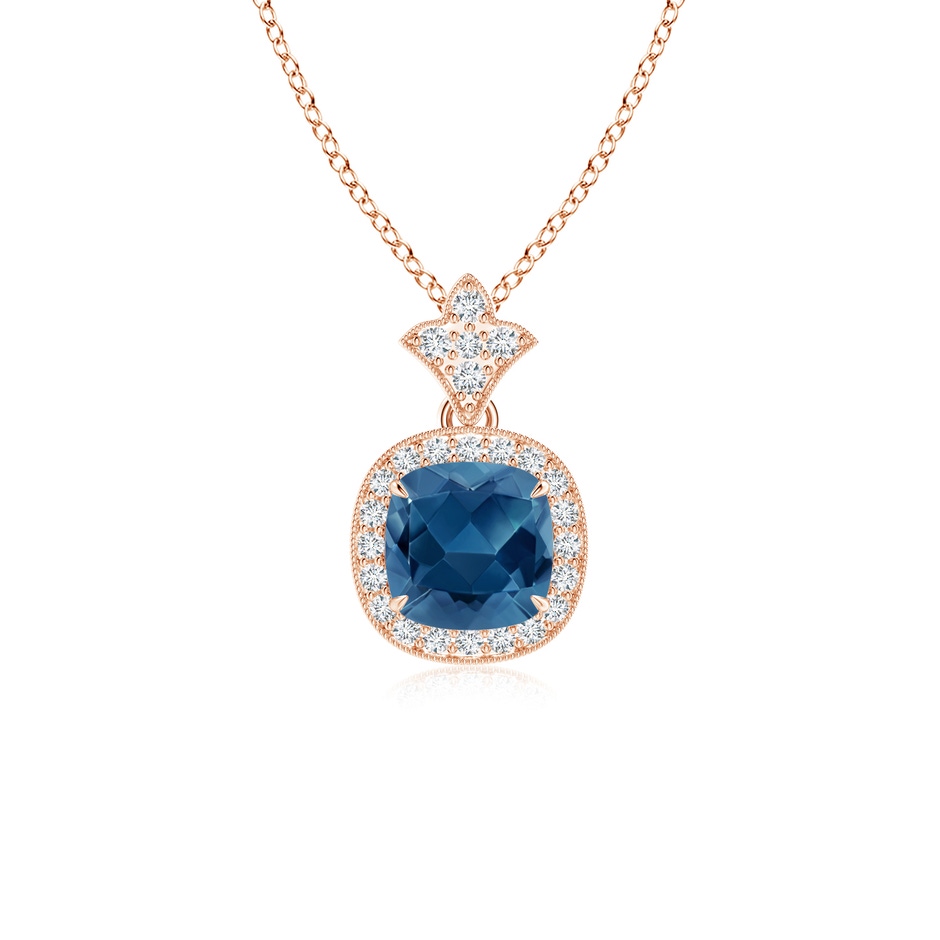 6mm AA Vintage Inspired Cushion London Blue Topaz Halo Pendant in 9K Rose Gold 