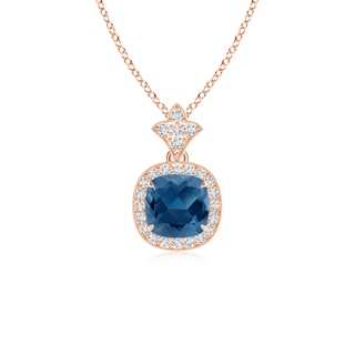 6mm AA Vintage Inspired Cushion London Blue Topaz Halo Pendant in Rose Gold