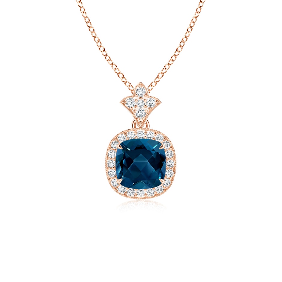 6mm AAAA Vintage Inspired Cushion London Blue Topaz Halo Pendant in Rose Gold 