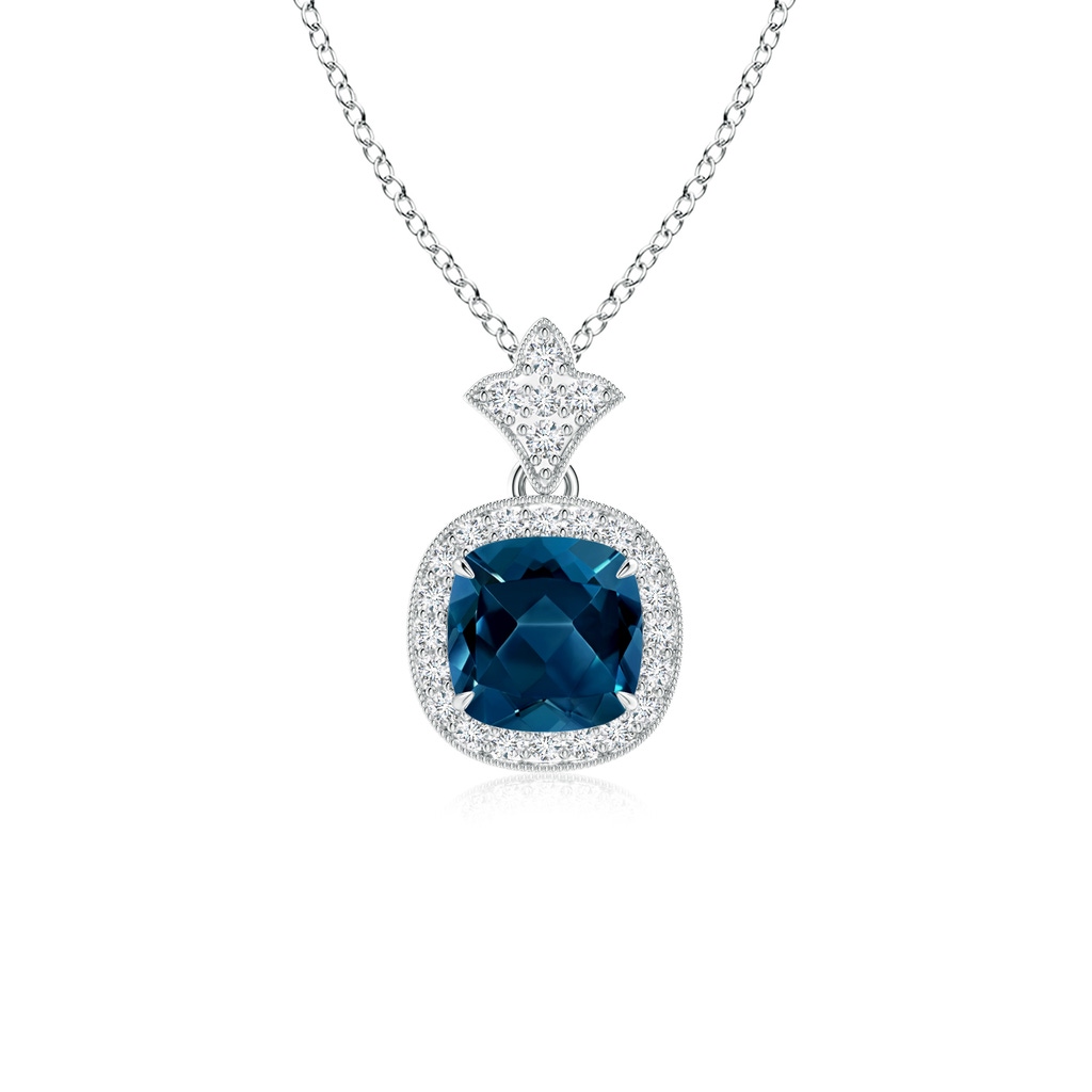 6mm AAAA Vintage Inspired Cushion London Blue Topaz Halo Pendant in White Gold