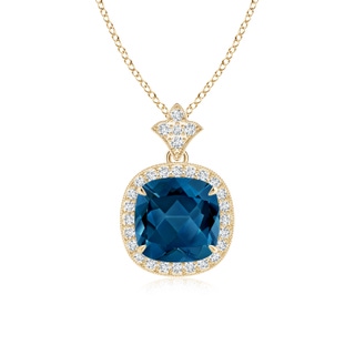 8mm AAA Vintage Inspired Cushion London Blue Topaz Halo Pendant in Yellow Gold