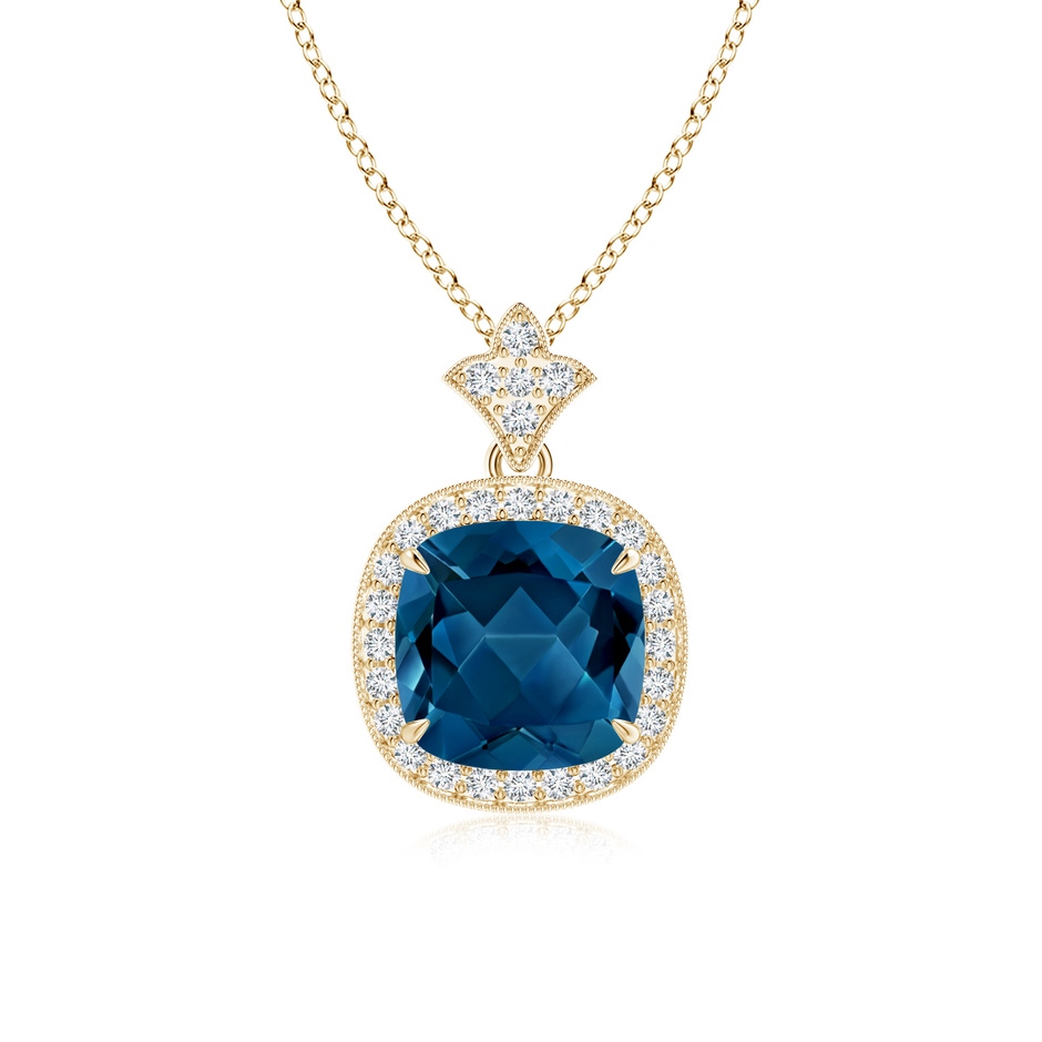 8mm AAA Vintage Inspired Cushion London Blue Topaz Halo Pendant in Yellow Gold 