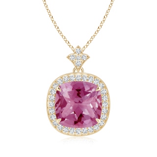 10mm AAA Vintage Inspired Cushion Pink Tourmaline Halo Pendant in Yellow Gold