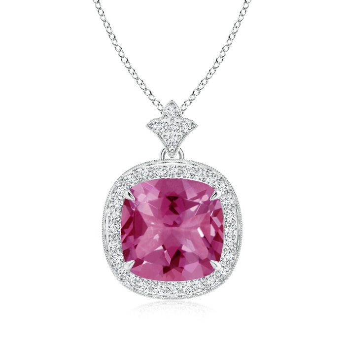 10mm AAAA Vintage Inspired Cushion Pink Tourmaline Halo Pendant in White Gold