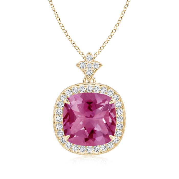 10mm AAAA Vintage Inspired Cushion Pink Tourmaline Halo Pendant in Yellow Gold