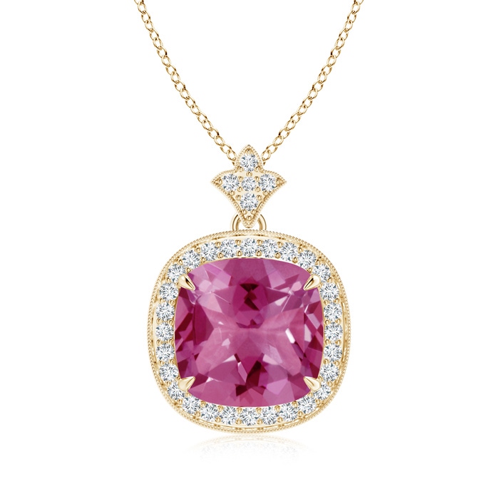 10mm AAAA Vintage Inspired Cushion Pink Tourmaline Halo Pendant in Yellow Gold 
