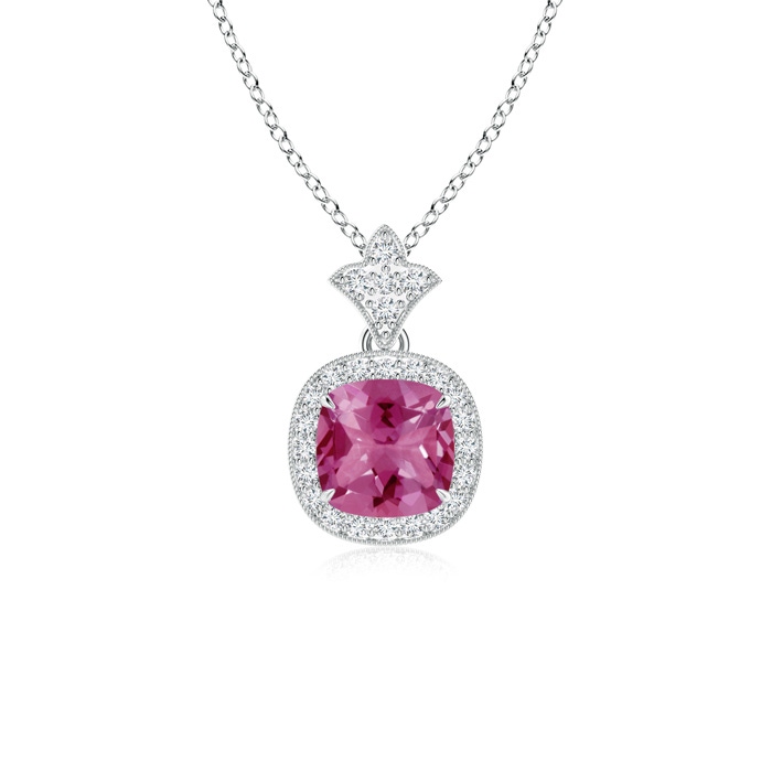 6mm AAAA Vintage Inspired Cushion Pink Tourmaline Halo Pendant in White Gold 