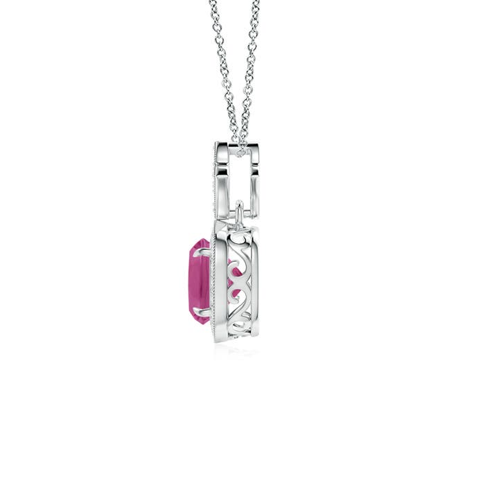 6mm AAAA Vintage Inspired Cushion Pink Tourmaline Halo Pendant in White Gold - side 1