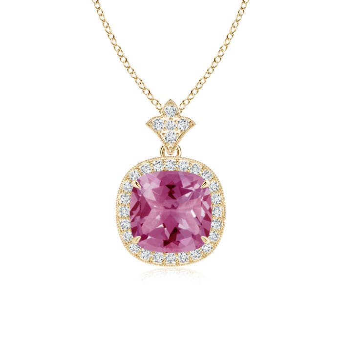 8mm AAA Vintage Inspired Cushion Pink Tourmaline Halo Pendant in Yellow Gold