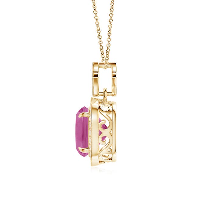 8mm AAA Vintage Inspired Cushion Pink Tourmaline Halo Pendant in Yellow Gold
