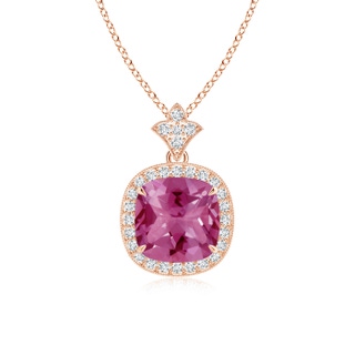 8mm AAAA Vintage Inspired Cushion Pink Tourmaline Halo Pendant in Rose Gold