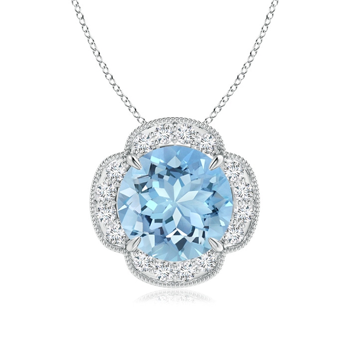 10mm AAAA Claw-Set Aquamarine Clover Pendant with Diamonds in White Gold 