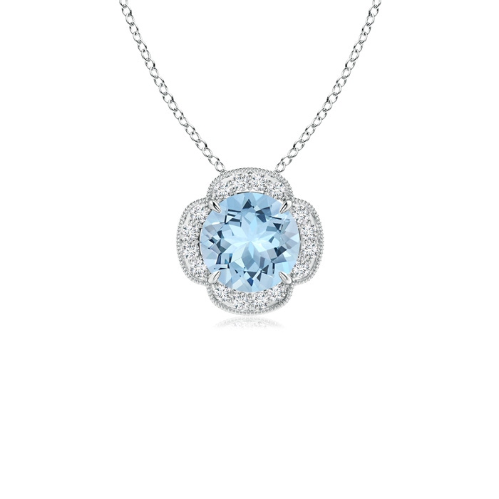 6mm AAA Claw-Set Aquamarine Clover Pendant with Diamonds in White Gold