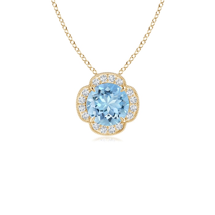 6mm AAAA Claw-Set Aquamarine Clover Pendant with Diamonds in Yellow Gold 