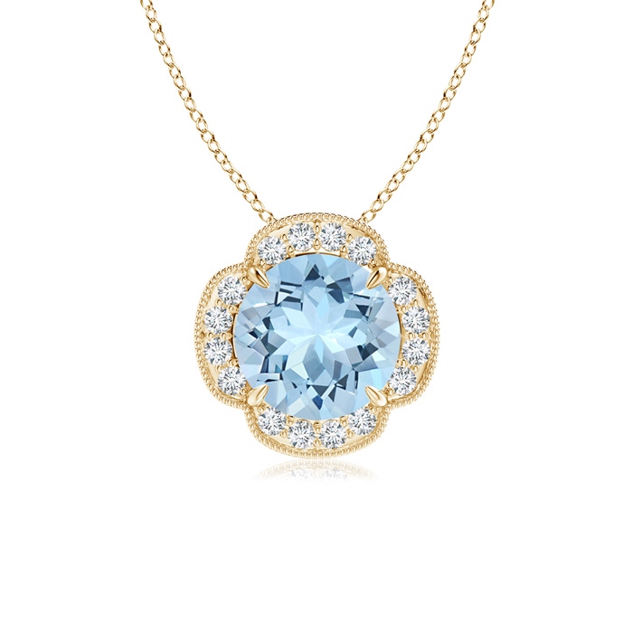 8mm AAA Claw-Set Aquamarine Clover Pendant with Diamonds in Yellow Gold 