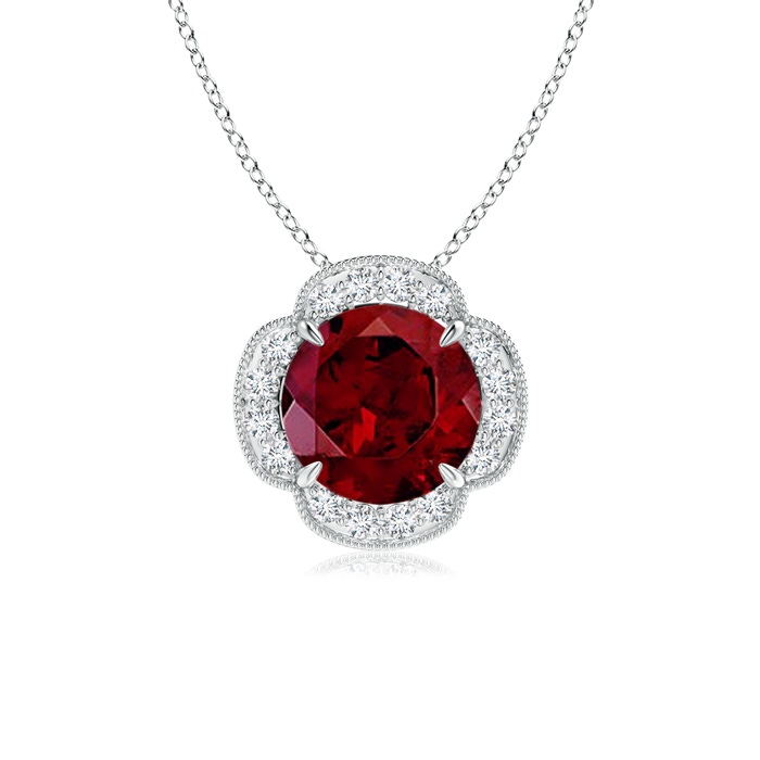 8mm AAA Claw-Set Garnet Clover Pendant with Diamonds in White Gold