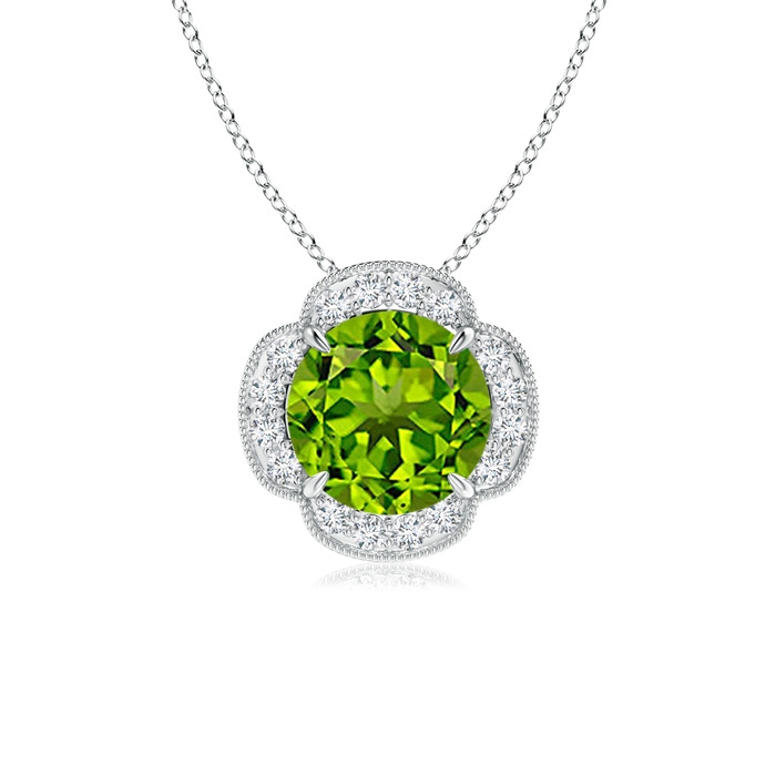 8mm AAAA Claw-Set Peridot Clover Pendant with Diamonds in White Gold