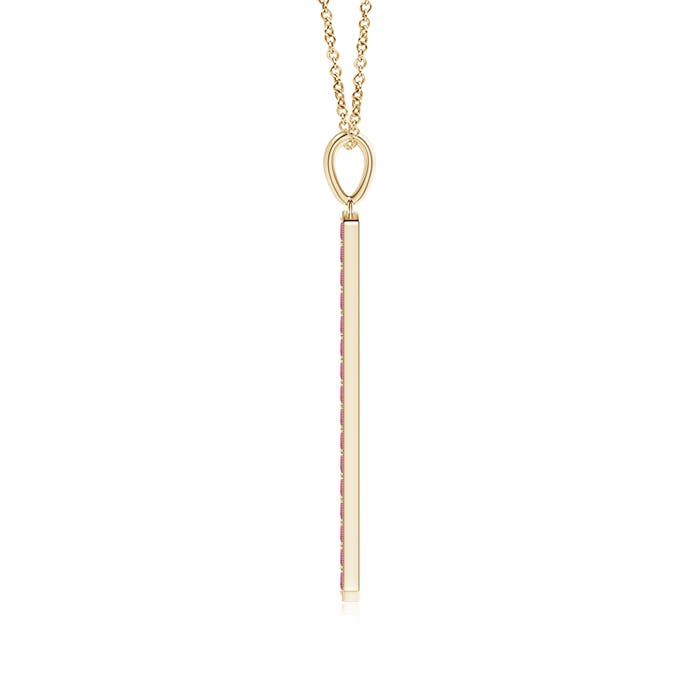 2mm AAA Pavé-Set Pink Tourmaline Bar Pendant with Milgrain in Yellow Gold - side 1