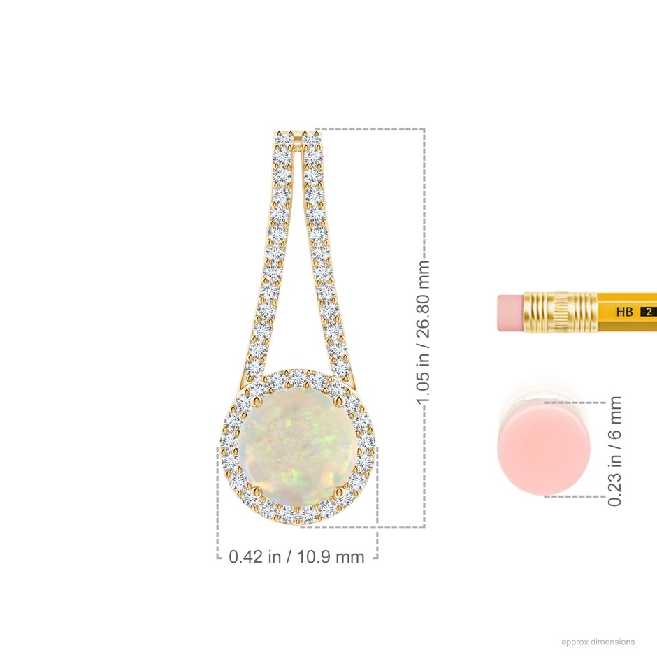 8mm AAA Opal and Diamond Halo Inverted V-Bale Pendant in Yellow Gold ruler