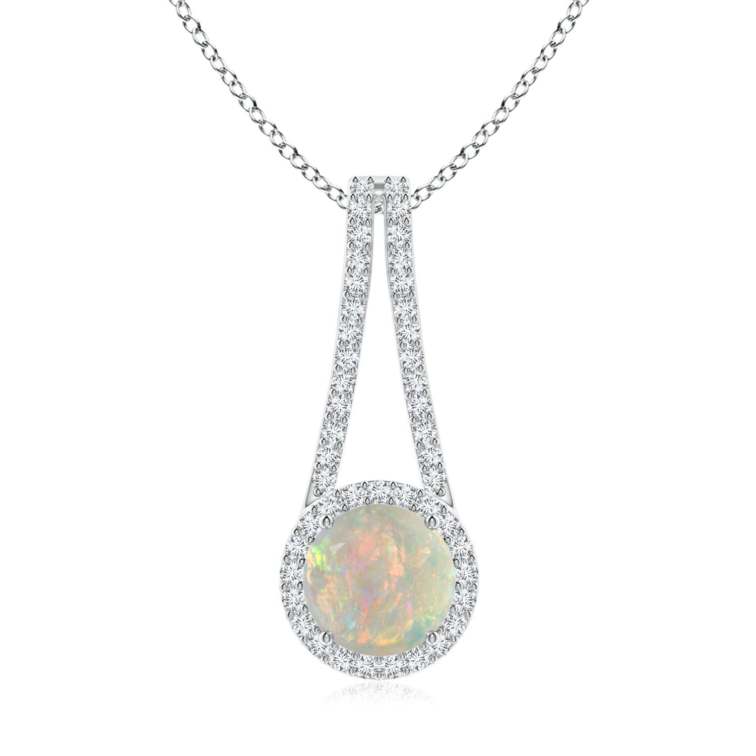 8mm AAAA Opal and Diamond Halo Inverted V-Bale Pendant in 18K White Gold