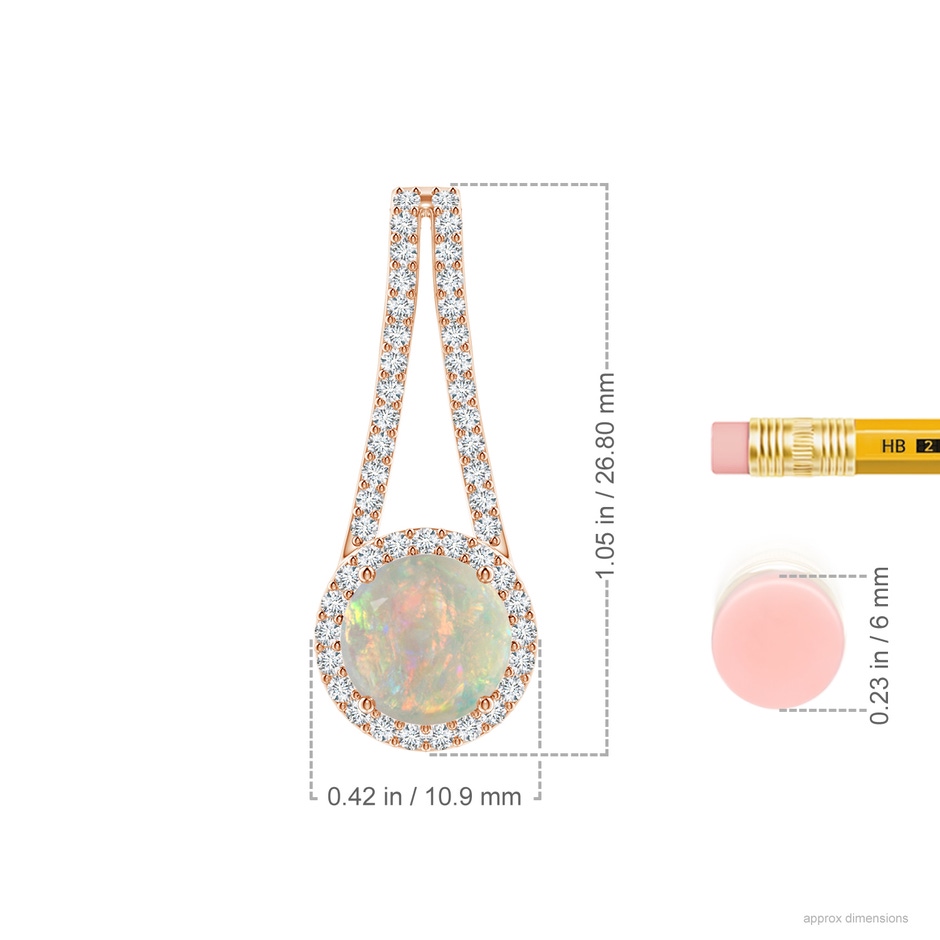 8mm AAAA Opal and Diamond Halo Inverted V-Bale Pendant in Rose Gold ruler