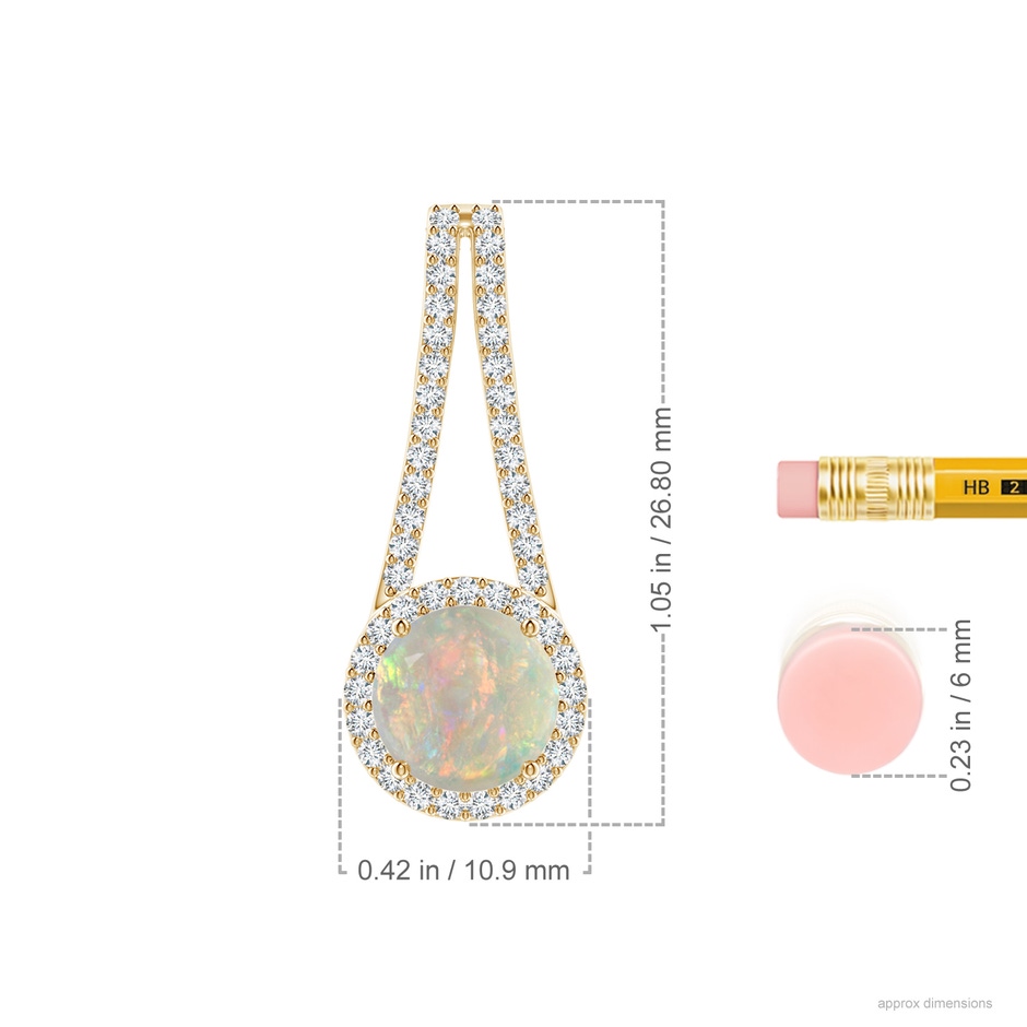 8mm AAAA Opal and Diamond Halo Inverted V-Bale Pendant in Yellow Gold ruler