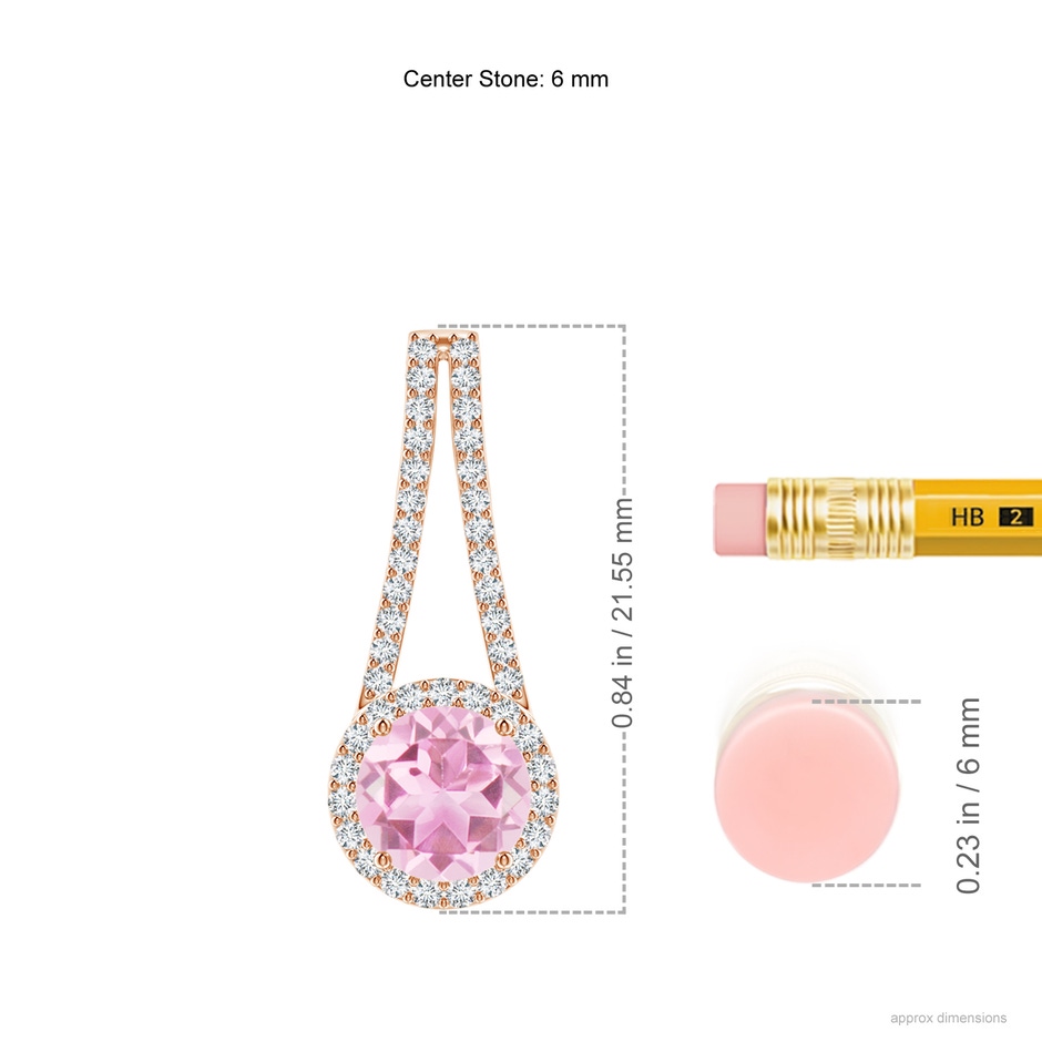 6mm A Pink Tourmaline and Diamond Halo Inverted V-Bale Pendant in Rose Gold ruler